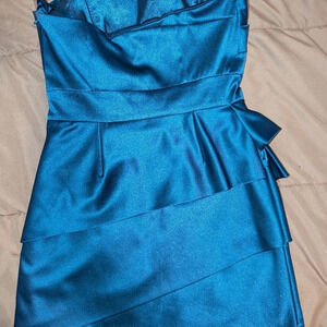 Max & Cleo Blue Strapless Satin Tiered Cocktail Dress